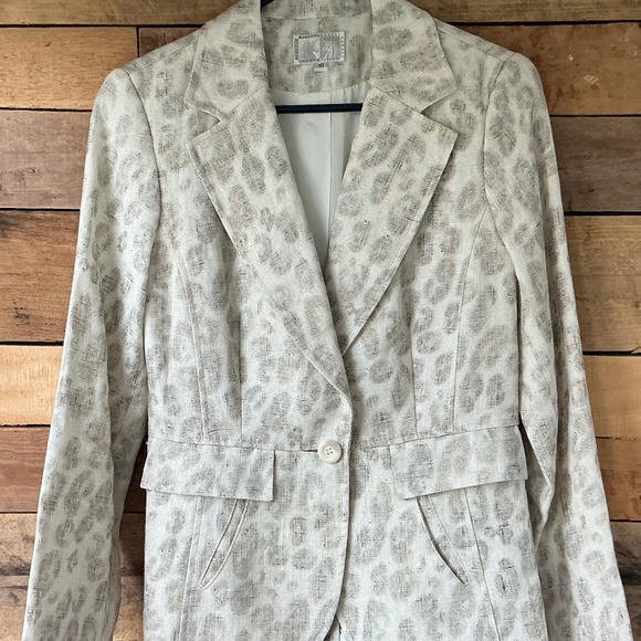 Alberto Makali Jackets & Blazers - Alberto Makali Size 10 Cream Tan Linen Jacket Blazer Abstract Print USA Made